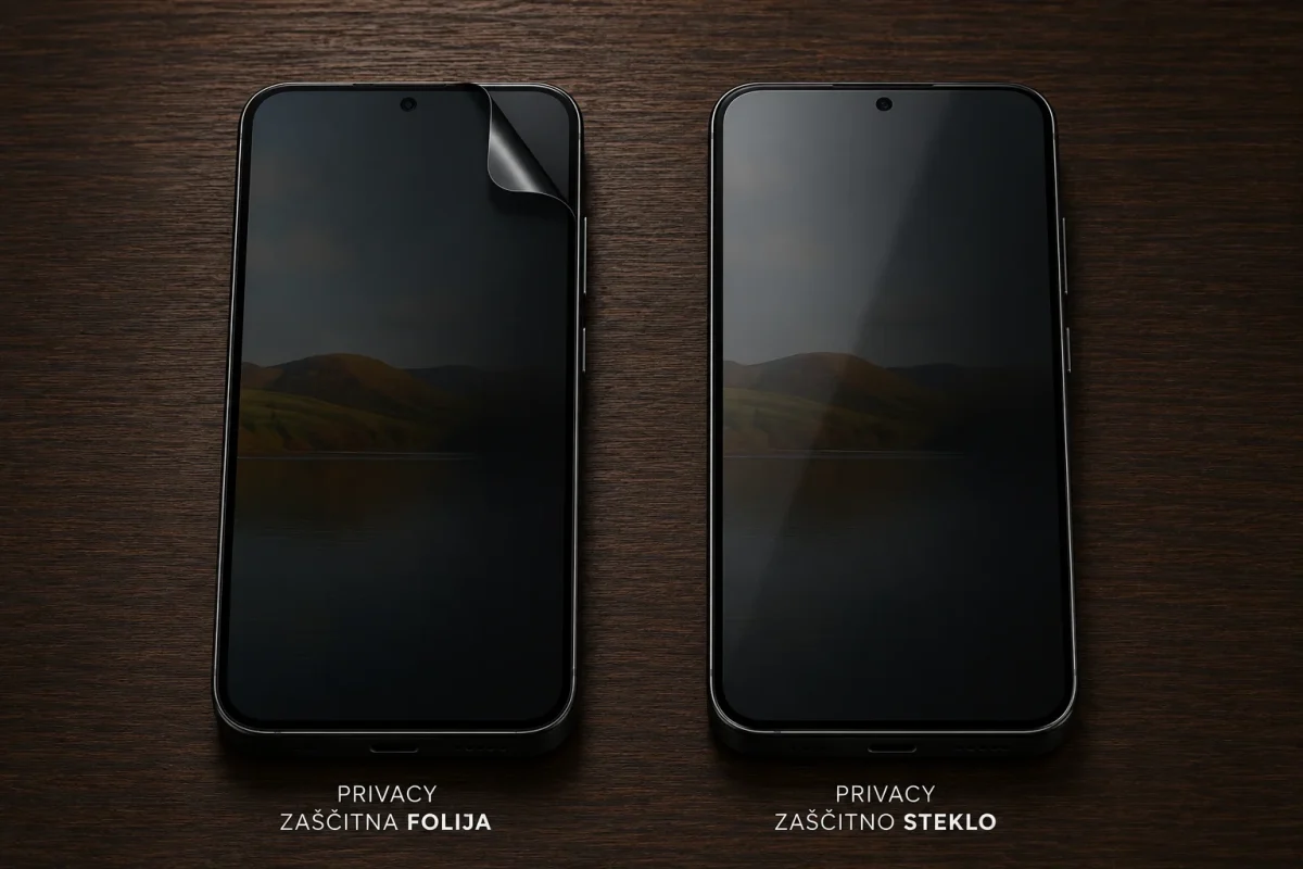 Privacy zaščita za Samsung Galaxy S26 Ultra | Poceni-Ovitki.si Two smartphone screens on a dark wood surface; left has a peeling privacy film, right has privacy glass as protection.