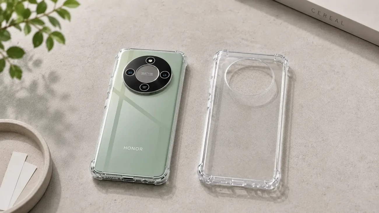 Prozoren ovitek za Honor Magic 8 Lite | Poceni-Ovitki.si Mint green Honor smartphone with a large circular camera ring placed on a light desk, next to a clear protective case and a plant in the corner.