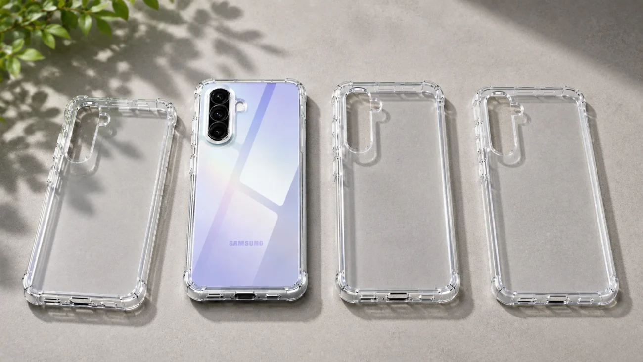Four transparent smartphone cases laid out in a row, with a Samsung Galaxy phone showing a pastel purple back in the second position.
