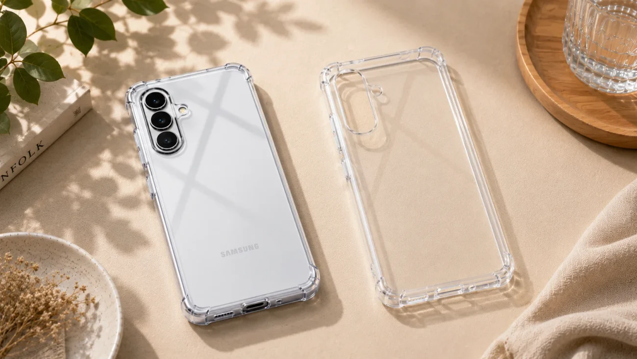 Samsung smartphone with a clear protective case, triple-camera setup visible, lying on a beige surface beside an empty clear case, with plant and a cup nearby.