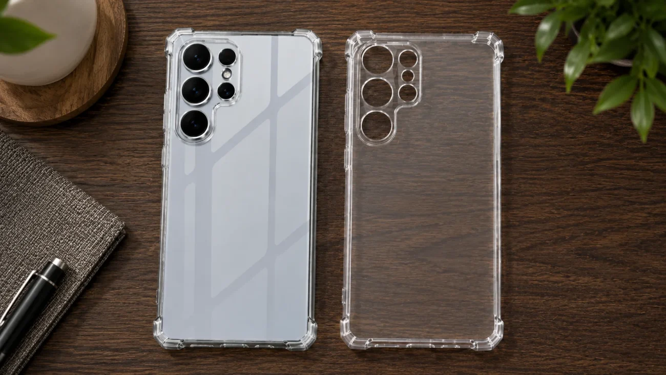 Prozoren ovitek za Samsung Galaxy S26 Ultra | Poceni-Ovitki.si Two clear smartphone cases laid on a wooden desk beside a gray phone with a multi-lens camera setup and a second empty clear case showing cutouts for cameras.