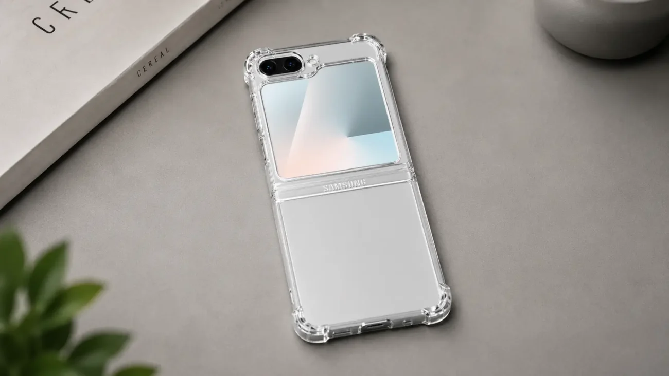 Transparent protective case around a Samsung foldable phone with a mirrored back, lying on a gray desk surface.
