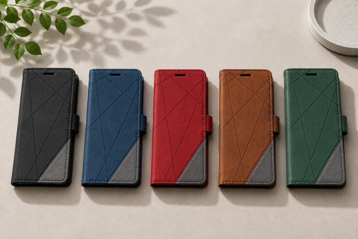 Row of five leather phone wallet cases in black, blue, red, brown, and green with diagonal stitching on a beige surface.
