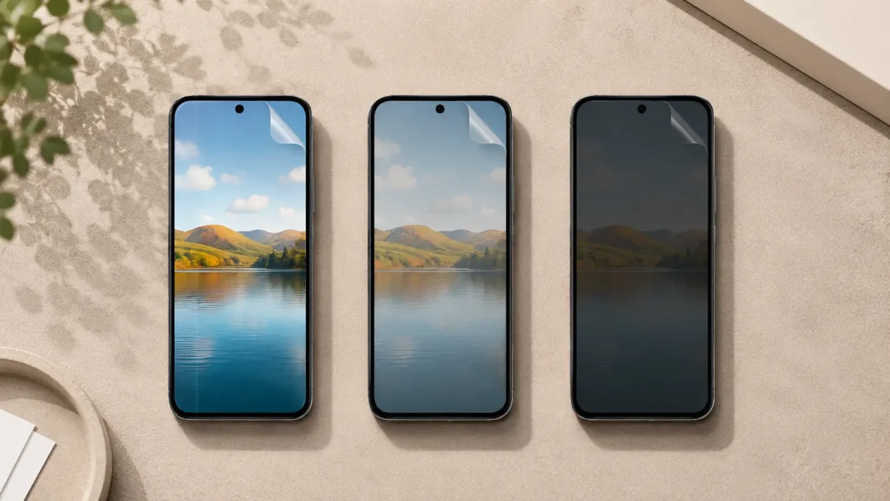 Zaščitna folija za Honor Magic8 Lite | Poceni-Ovitki.si Three smartphones lined up on a beige surface showing the same lake-and-hills wallpaper on their screens (left to right: bright sky, lighter sky, darker tint).