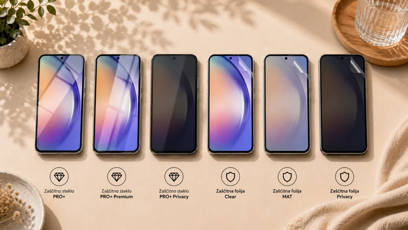 Six smartphones lined up on a beige table displaying different protective glass/film options: PRO+, Premium, PRO+ Privacy, Clear, MAT, and Privacy.