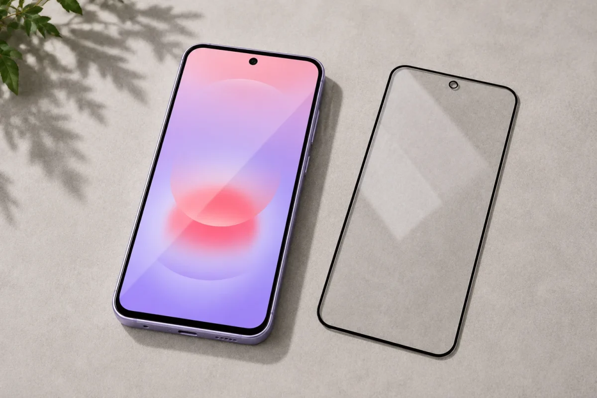 Smartphone with a colorful gradient display beside a clear edge-to-edge screen protector on a light surface.