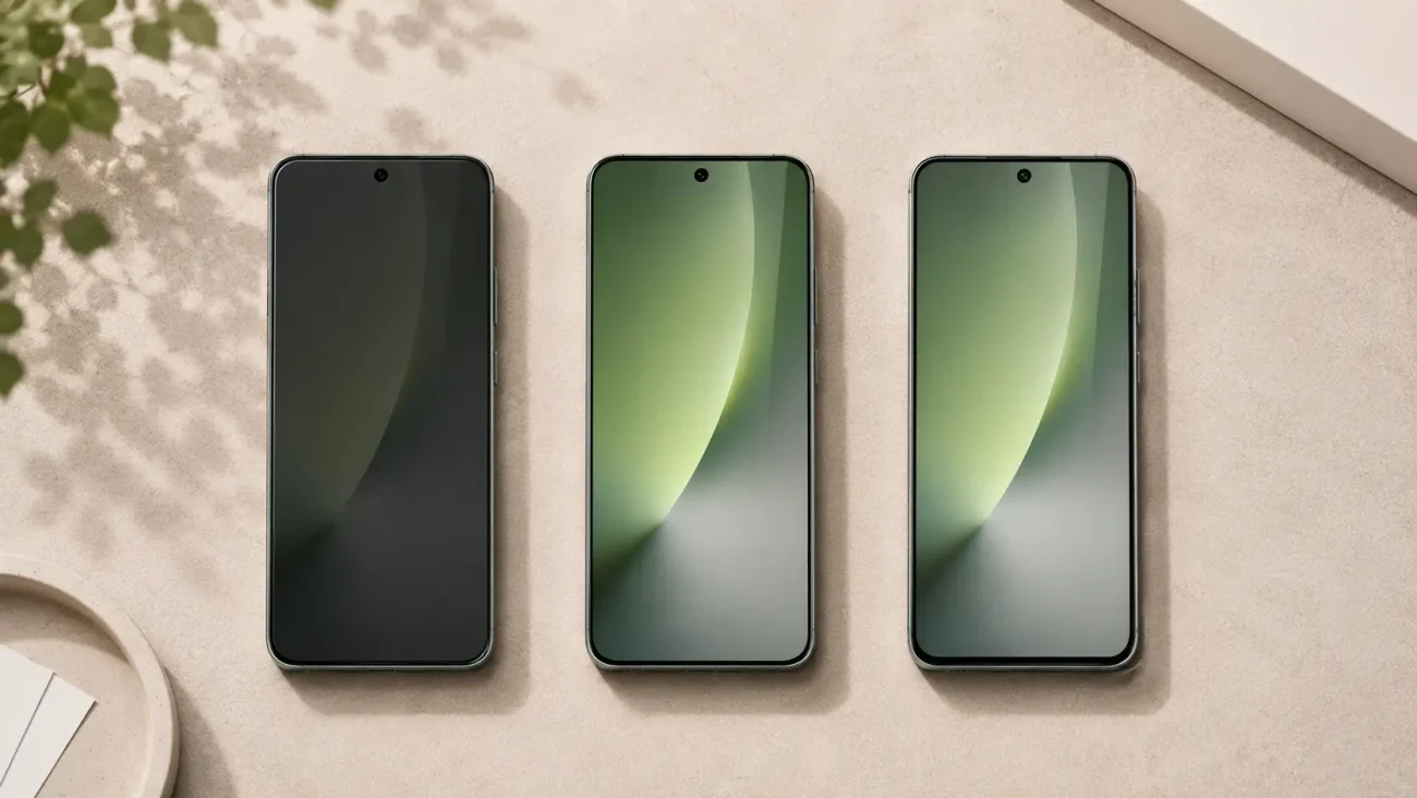 Zaščitno steklo za Honor Magic 8 Lite | Poceni-Ovitki.si Three modern smartphones laid in a row on a beige surface, screens off or displaying subtle gradient greens; left device darker.