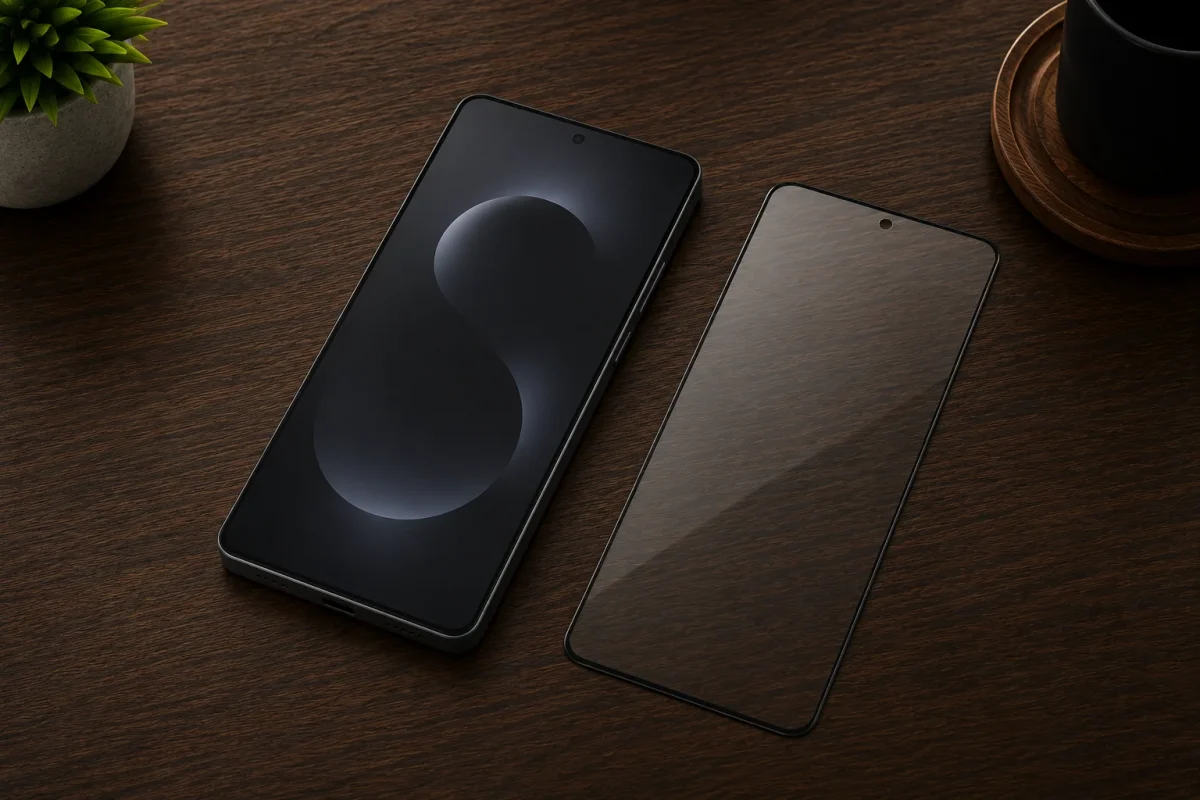 Zaščitno steklo za Samsung Galaxy S26 Ultra | Poceni-Ovitki.si Two modern smartphones on a dark wood desk, one powered on with a dark circular wallpaper and a transparent screen protector nearby.