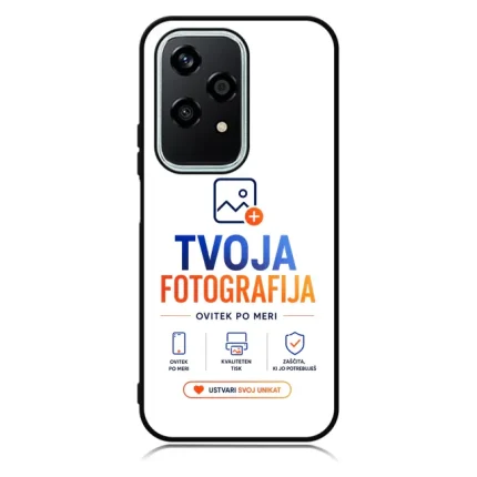 Phone case mockup featuring the TVOJA FOTOGRAFIJA brand logo and slogan on a white background.