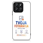 Phone case mockup with TVOJA FOTOGRAFIJA branding in blue and orange, plus feature icons and the 'USTVARI SVOJ UNIKAT' button.
