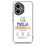 Phone case featuring the TVOJA FOTOGRAFIJA branding with blue and orange text, service icons, and an orange 'USTVARI SVOJ UNIKAT' button.