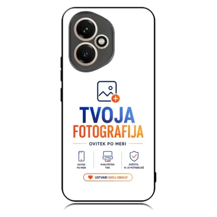 Phone case featuring the TVOJA FOTOGRAFIJA branding with blue and orange text, service icons, and an orange 'USTVARI SVOJ UNIKAT' button.