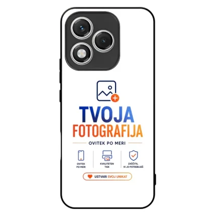 Phone case featuring TVOJA FOTOGRAFIJA branding with blue and orange text and service icons below the logo.
