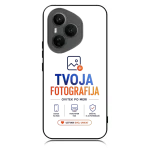 Phone with a triple-camera back displaying a screen graphic 'TVOJA FOTOGRAFIJA' on white and black background.