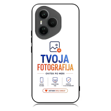 Phone with a triple-camera back displaying a screen graphic 'TVOJA FOTOGRAFIJA' on white and black background.