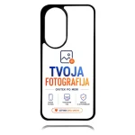 Phone case displaying the branding 'TVOJA FOTOGRAFIJA' with slogan 'OVITEK PO MERI', three feature icons, and an orange 'USTVARI SVOJ UNIKAT' button.