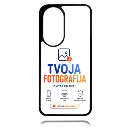Phone case displaying the branding 'TVOJA FOTOGRAFIJA' with slogan 'OVITEK PO MERI', three feature icons, and an orange 'USTVARI SVOJ UNIKAT' button.