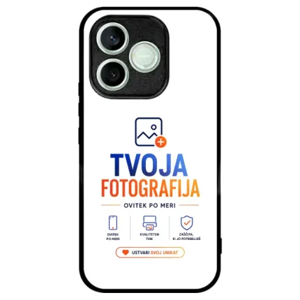Phone case displaying a photography brand logo 'Tvoja Fotografija' with slogan and a call-to-action button for creating a unique cover.