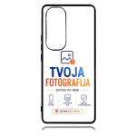 Smartphone case displaying branding 'Tvoja Fotografija' in blue and orange with small icons and the slogan 'Ustvari svoj unikát' at the bottom.