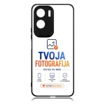Phone case mockup featuring the TVOJA FOTOGRAFIJA logo in blue/orange with slogan 'OVITEK PO MERI' and a 'USTVARI SVOJ UNIKAT' button