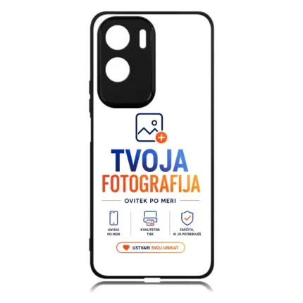 Phone case mockup featuring the TVOJA FOTOGRAFIJA logo in blue/orange with slogan 'OVITEK PO MERI' and a 'USTVARI SVOJ UNIKAT' button