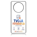 Smartphone mockup displaying the branding 'TVOJA FOTOGRAFIJA' with a photo icon, the slogan 'OVITEK PO MERI', and a CTA 'USTVARI SVOJ UNIKAT'.