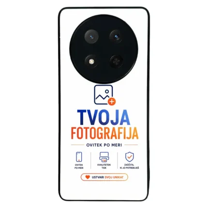 White smartphone back with circular camera ring at top, logo 'Tvoja Fotografija' in blue and orange, and a call-to-action button 'Ustvari svoj unikát' at bottom.