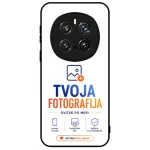 Smartphone displaying a splash screen with a camera module illustration at the top, the text 'TVOJA FOTOGRAFIJA' in blue/orange, and a bottom button reading 'USTVARI SVOJ UNIKAT' with small icons underneath.