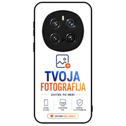 Smartphone displaying a splash screen with a camera module illustration at the top, the text 'TVOJA FOTOGRAFIJA' in blue/orange, and a bottom button reading 'USTVARI SVOJ UNIKAT' with small icons underneath.