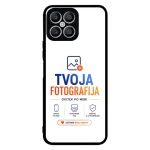 Phone case with a black bumper on white background, featuring the TVOJA FOTOGRAFIJA logo and slogan and a small image icon; camera cutout in the top left corner.