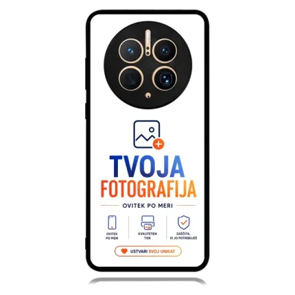 Promotional phone screen showing a camera lens graphic, the text 'TVOJA FOTOGRAFIJA' and a button that reads 'USTVARI SVOJ UNIKAT' for customizing photos.