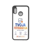 Phone case with white back and black edges displaying the 'TVOJA FOTOGRAFIJA' branding in blue and orange.