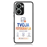 Phone case with a white background featuring the logo 'TVOJA FOTOGRAFIJA' in blue and orange, plus small icons and the call-to-action 'USTVARI SVOJ UNIKAT' at the bottom.