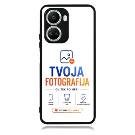 Phone case with a white background featuring the logo 'TVOJA FOTOGRAFIJA' in blue and orange, plus small icons and the call-to-action 'USTVARI SVOJ UNIKAT' at the bottom.
