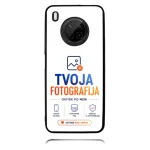 White phone case with black border and circular camera cutout, displaying TVOJA FOTOGRAFIJA branding.