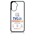 Phone case mockup displaying the TVOJA FOTOGRAFIJA logo, icons, and slogan on a white background.