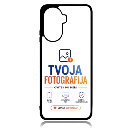 Phone case mockup displaying the TVOJA FOTOGRAFIJA logo, icons, and slogan on a white background.