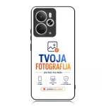 Smartphone screen displaying a branding image: 'Tvoja Fotografija' with icons and 'Ovitek po meri' (case by order) on a white background.