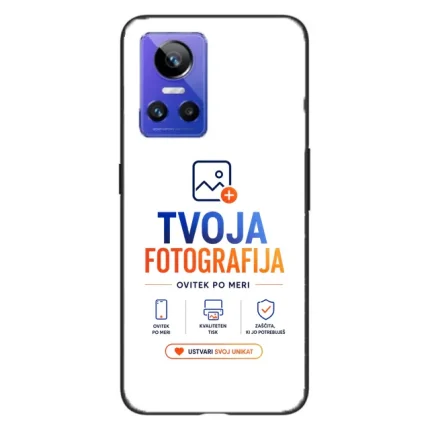 Smartphone screen showing the TVOJA FOTOGRAFIJA app splash with blue-and-orange logo and icons below.