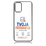 White phone case with black border featuring the TVOJA FOTOGRAFIJA logo in blue and orange and a CTA button 'USTVARI SVOJ UNIKAT'.