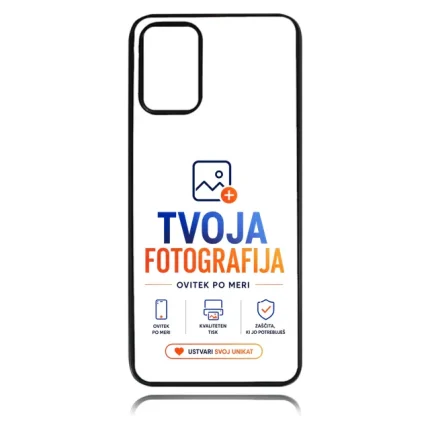 White phone case with black border featuring the TVOJA FOTOGRAFIJA logo in blue and orange and a CTA button 'USTVARI SVOJ UNIKAT'.