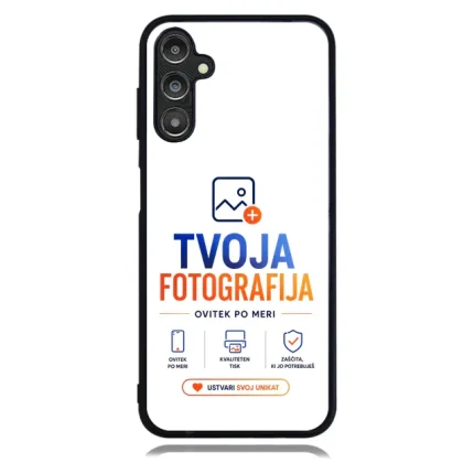 Phone case featuring a TVOJA FOTOGRAFIJA branding with blue 'TVOJA' and orange 'FOTOGRAFIJA' text and small service icons at the bottom.
