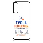White smartphone case with a black edge displaying the logo 'TVOJA FOTOGRAFIJA' in blue and orange, plus service icons at the bottom and a call-to-action button in orange.