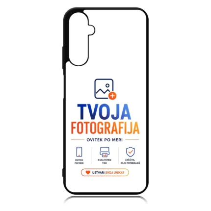 White smartphone case with a black edge displaying the logo 'TVOJA FOTOGRAFIJA' in blue and orange, plus service icons at the bottom and a call-to-action button in orange.