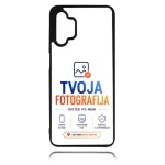 Phone case screen showing the TVOJA FOTOGRAFIJA logo with the slogan USTVARI SVOJ UNIKAT and small feature icons below (custom photography brand).