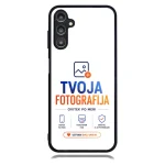 Phone case with a white back displaying the TVOJA FOTOGRAFIJA logo in blue and orange, and a triple-camera cutout in the upper left corner.