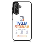 Phone case mockup displaying TVOJA FOTOGRAFIJA branding, logo, and service icons on a white background.