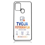 Phone case with TVOJA FOTOGRAFIJA branding and orange-blue text, featuring small icons and a “USTVARI SVOJ UNIKAT” button with a heart, on white background.