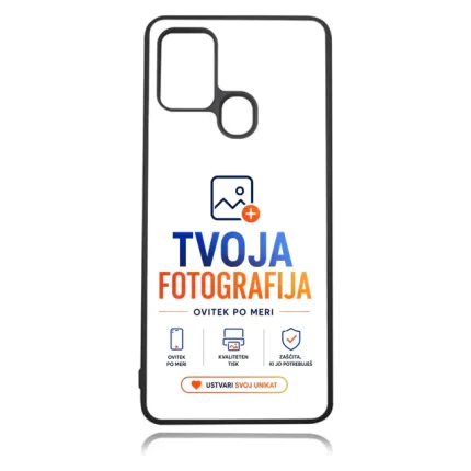 Phone case with TVOJA FOTOGRAFIJA branding and orange-blue text, featuring small icons and a “USTVARI SVOJ UNIKAT” button with a heart, on white background.