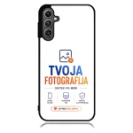 White phone case displaying TVOJA FOTOGRAFIJA branding in blue and orange with service icons and a call-to-action button.